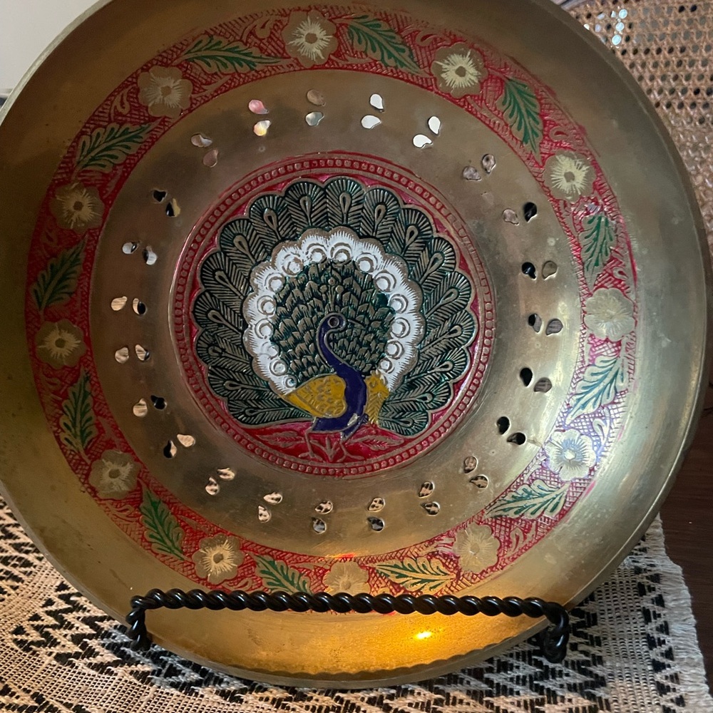 Vintage Decorative Brass Plate with Peacock Design